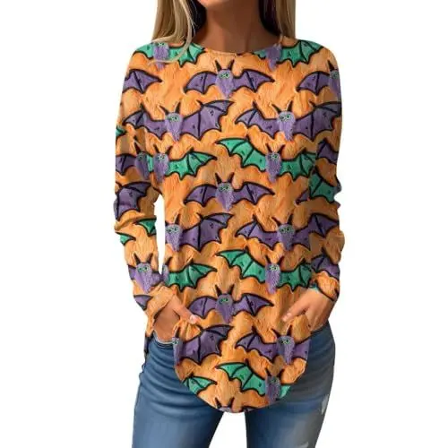 Produktbild: Netz- Halloween-Sweatshirts für Frauen 2024 süßes Kürbisgesicht Fledermaus Grafik Rundhals Langarmshirt Top Pflege Kleidung Damen Set (Black, XXXL)