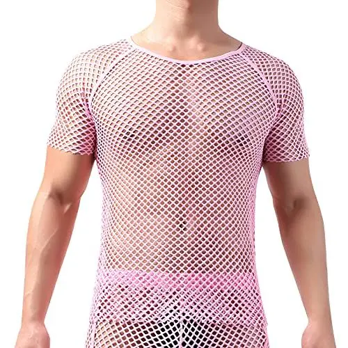 Produktbild: Netzhemd Herren Netzoberteil Netzshirt Männer Unterhemden Muskelshirts Achselshirts Herrenunterhemdem Sexy Unterwäsche Clubwear Rave Kinky Outfit Rosa Kurzarm L