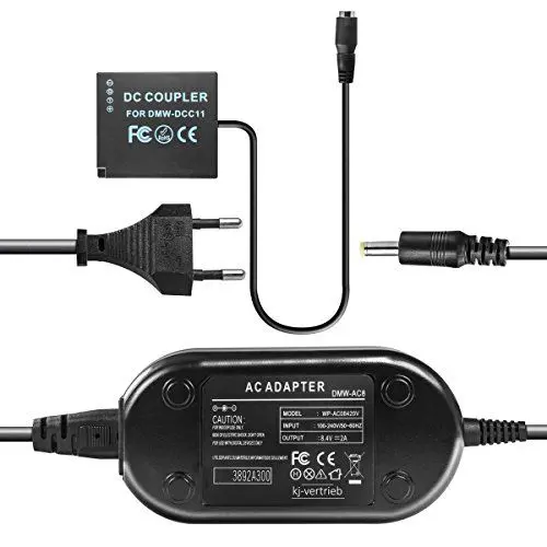 Produktbild: Netzteil mit Akkuadapter für Panasonic Lumix DMC-GF3, DMC-GF5X, DMC-S6, DMC-GX7, GX80, GX85 - ersetzt DMW-DCC11, DMW-DCC11E, DMW-AC8, DMW-AC8EG - 8,4V 2A