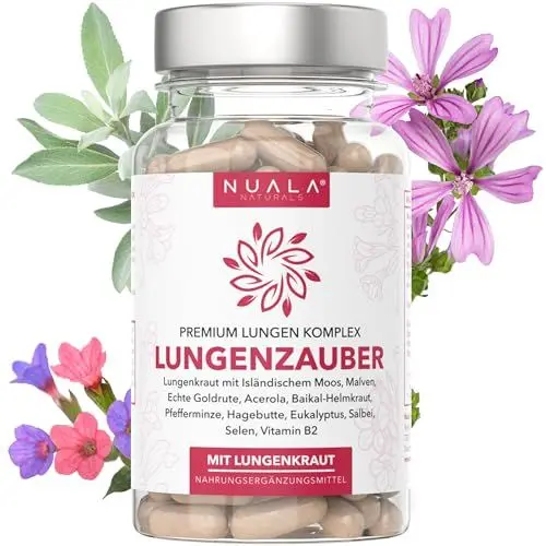 Produktbild: NEU! Lungenkraut Kapseln (60 Stück) - 300 mg hochdosiertes echtes Lungenkraut (Lungwort) mit 12 Inhaltsstoffen wie Acerola & Hagebutte, Isländisches Moos, Malve, Eukalyptus und Salbei - Vegan