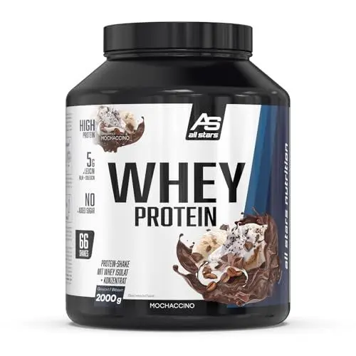 Produktbild: ALL STARS Whey Protein (2 kg, Mochachino) – Cremiger Protein Shake mit Whey Isolat + Whey Konzentrat – hochwertiges Protein-Pulver mit bis zu 24g Eiweiß/Portion – 2000g