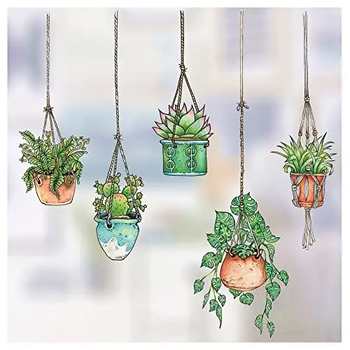 Produktbild: Neues Design - Set aus fünf Fensteraufklebern/Aufklebern mit gezeichneten Hängepflanzen-Motiven - Hängetopf-Glasaufkleber -Doppelseitig und kein Kleber zum Schutz vor Vogelkollisionen