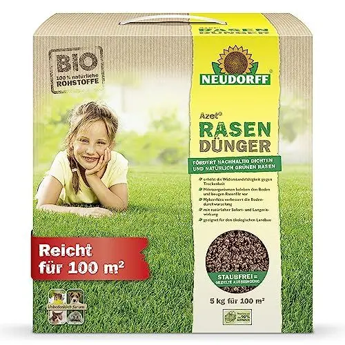 Produktbild: Neudorff Azet RasenDünger – Bio Rasendünger für 100 m² sorgt für eine dichte, grüne und strapazierfähige Rasenfläche mit 6 Monaten Langzeitwirkung, 5 kg, braun