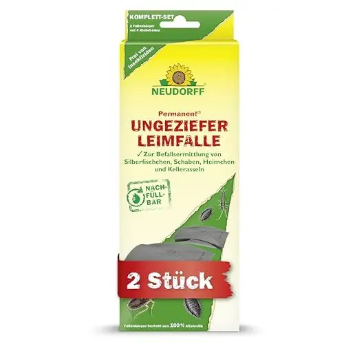 Produktbild: Neudorff Permanent UngezieferLeimFalle – Zur zuverlässigen Bekämpfung von kriechendem Ungeziefer wie Silberfischen. Geruchlos, insektizidfrei, 2 Stück, Schwarz