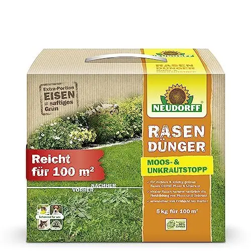 Produktbild: Neudorff RasenDünger Moos- & UnkrautStopp – Rasendünger mit Eisen und Kalium sorgt für einen dichten, grünen Rasen ohne Moos und Unkraut, 5 kg für 100 m², Braun