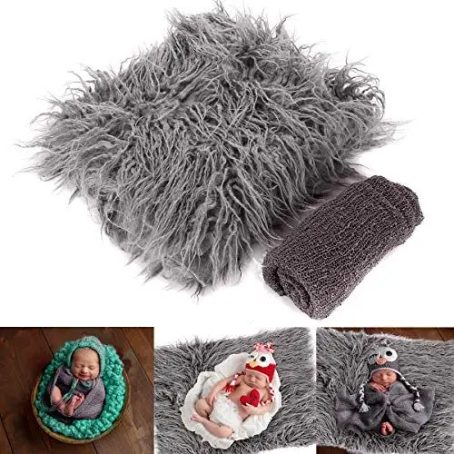 Produktbild: Neugeborene Fotografie Requisiten Flauschige Decke & Ripple Wrap Set Baby Foto Requisiten Kunstpelz Hintergründe Matte Teppich Strick Wrap Decke Dusche Geschenk für Jungen Mädchen
