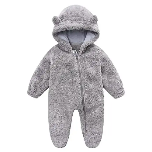 Produktbild: Neugeborenes Baby Mädchen Junge niedliche Feste Lange Ärmel Ohr füßig mit Kapuze Reißverschluss Strampler warme Overall Outfits Schlafanzug Kinder Einteiler 128 (Grey, 0-3 Months)