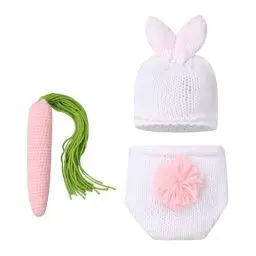 Produktbild: Neugeborenes Baby Mädchen Jungen Fotoshooting Häkeln Stricken Kostüm 1. Ostern Geschenk Niedlichen Hase Kaninchen Hut Short Karotten Säugling Fotografie Requisiten Strickmütze Outfit 0-3 Monate Weiß