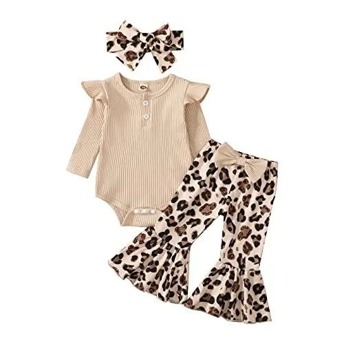 Produktbild: Neugeborenes Baby Mädchen Kleidung Gerippt Langarm Ruffle Romper Bell-Bottom Pants Stirnband Set 3Pcs Herbst Winter Outfits (Aprikose Langarm, 80 (3-6M))