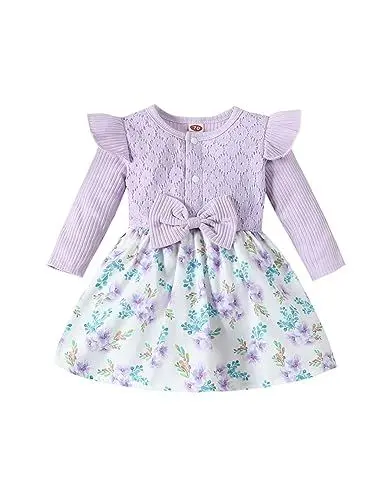 Produktbild: Neugeborenes Baby Mädchen Kleidung Rüschen Langarm gerippt Strampler Kleid Spitze Stickerei Floral Bowknot Jumpsuit Outfit Set