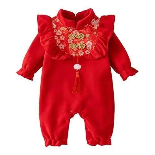 Produktbild: Neugeborenes Baby Mädchen Rüschen Strampler für das chinesische Neujahr Fleece gefüttert Warmer Overall Stickerei Tang-Anzug Performance Kostüme Kinder Regenanzug (Red, 0-3 Months)