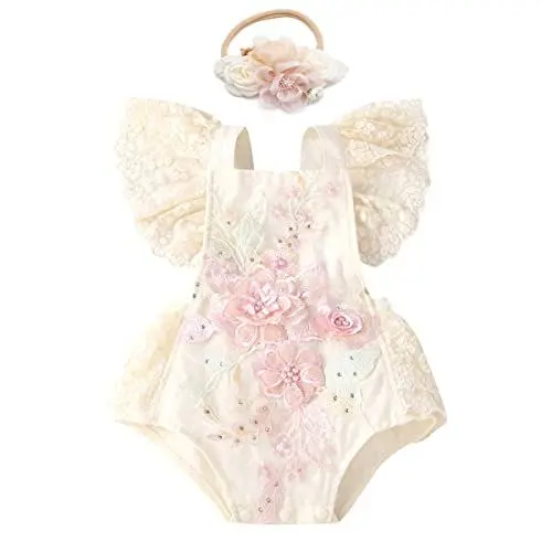 Produktbild: Neugeborenes Baby Mädchen Spitzen Strampler Blumen Stickerei Rüschen Ärmellos Body Einteiler Prinzessin Bodysuit Tütü Tüll Kleid mit Stirnband Fotoshooting Kostüme Sommer Bekleidung Beige +Rosa 18-24M