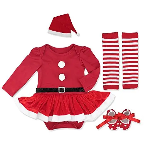 Produktbild: Neugeborenes Baby Mädchen Weihnachtsoutfit Mein erstes Weihnachten Bekleidungsset Prinzessin Strampler Langarm Body Kleid mit Santa Hut Schuhe Beinwärmer 4tlg Xmas Party Kleidung Outfit Rot 3-6M