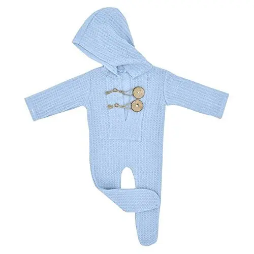 Produktbild: Neugeborenes Kleinkind Baby Strampler Fotografie Prop Langarm Footed Strampler gestrickt mit Kapuze Overalls Jammies Sets Kappe Snapback (Sky Blue, One Size)