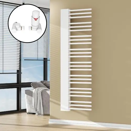 Produktbild: (neu.haus) Handtuchheizkörper Kviteseid mit Anschlussarmatur 80mm mit Thermostatkopf Badheizkörper 146 x 45 cm Handtuchwärmer Handtuchtrockner mit Warmwasser Heizgerät Weiß