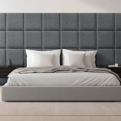 Produktbild: (neu.haus) Wandkissen Carpino 4er Set 30 x 30 cm Wandpolster Textil Dunkelgrau Wandpaneele gepolstert Kopfteil für Bett Polsterpaneel zum Kleben