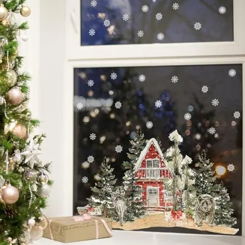 Produktbild: Neukids fensterbilder weihnachten Rote Häuser und Kiefern, schneeflocken deko fensteraufkleber weihnachtsdeko fenster, weihnachtsfenster bilder Winter fenster Glas Spiegel weinachtsdekorationen