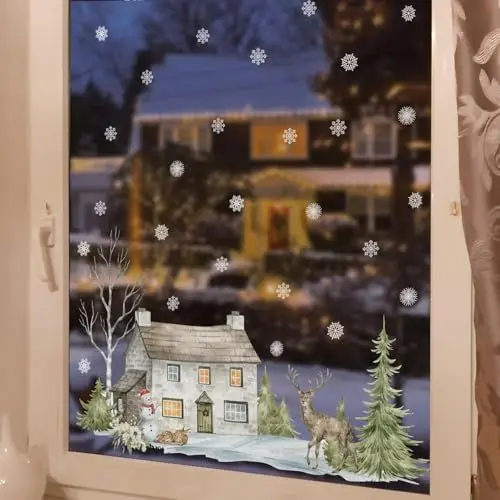 Produktbild: Neukids fensterbilder weihnachten selbstklebend Hütte und Hirsch, schneeflocken deko fensteraufkleber weihnachtsdeko fenster, weihnachtsfenster bilder Winter fenster Glas Spiegel weinachtsdekorationen