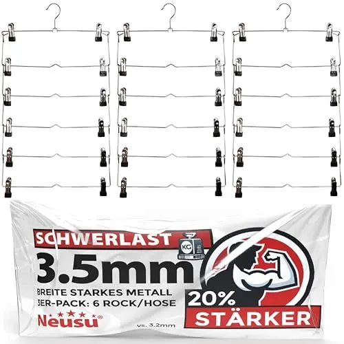 Produktbild: Neusu Platzsparende Kleiderbügel mit Clips für Hosen & Röcke - Robustes 3,5 mm Metall, Packung mit 3 x 6 Ebenen