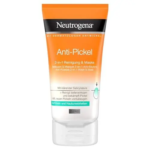 Produktbild: Neutrogena Anti-Pickel 2-in-1 Reinigung & Maske (150 ml), klärende Gesichtsreinigung & Gesichtsmaske mit 1% Salicylsäure (BHA), Anti Pickel Maske mit Glycerin für porentiefe Reinigung ohne austrocknen