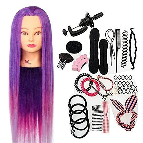 Produktbild: Neverland Practice Hairdressing Training Heads Echthaar Friseurkopf Practice Training Head Synthetic Hair 64 cm Verträ Umtes Purple Hair Styling Braid Set