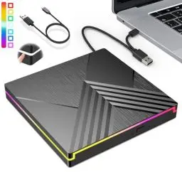 Produktbild: NEVVIS RGB Externes CD DVD Laufwerk USB 3.0 Typ-C, DVD Laufwerk Extern Portable RW Brenner CD Player Schreiber,Schnelle Datenübertragung für Laptop,Desktop,MacBook,Win11/10/8/7/XP, Linux,Mac OS,Vista