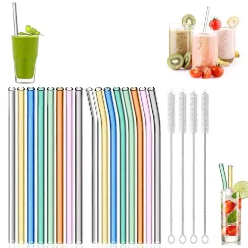 Produktbild: NEVYTOL 16 Stück Strohhalme Glas, Glas Trinkhalme, 8 Farben Glasstrohhalme, Trinkhalme Glas, Glas Strohhalme, Strohhalm Glas, Glasstrohhalm mit 4 Reinigungsbürste, für Cocktails, Milchshakes