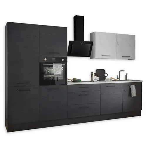 Produktbild: NEW YORK Moderne Küchenzeile ohne Elektrogeräte in Graphit Schwarz, Marmor Optik FSC-zertifiziert - Geräumige Einbauküche mit viel Stauraum - 320 x 210 x 60 cm (B/H/T)