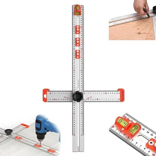 Produktbild: New 4-In-1-Bohrpositionierungslineal, T-Quadrat-Lineal, T-Quadrat-Lineal, Holzbearbeitungslineal Mit Zweiachsiger Wasserwaage, Multifunktions-Holzbearbeitungslineal, Regalstift-Bohrlehre Mit 3 Schiebe