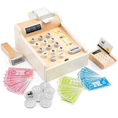 Produktbild: New Classic Toys 10651 Registrierkasse, inkl. Spielgeld, Scanner und Bankkarte, Zubehör für Kaufladen, aus Holz, Weiß