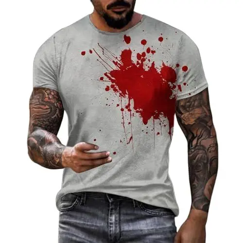 Produktbild: New Years Deal, Halloween T-Shirt Herren Blood Stain Top Casual Blutspritzer Muster Oberteile Hemd Entsetzen Blutig Bedruckt Halloween Kurzarm, Black Friday Angebote Damen