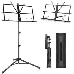 Produktbild: Notenständer Klappbar Stabil 2 in 1 Doppelnutzung Notenständer Gitarre Höhenverstellbar Notenpult mit Tragetasche Music Stand für Kinder und Erwachsene