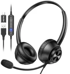 Produktbild: New bee USB Headset mit Mikrofon, PC Headset mit USB-A & USB-C, Verstellbares Mikrofon für Call Center/Telefonkonferenzen/Skype Chat/Online Kurse