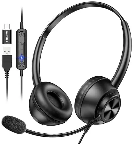 Produktbild: New bee USB Headset mit Mikrofon, PC Headset mit USB-A & USB-C, Verstellbares Mikrofon für Call Center/Telefonkonferenzen/Skype Chat/Online Kurse
