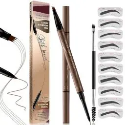 Produktbild: NewBang Dual-Ended Microblading Augenbrauenstift mit 4-Gabel-Prong Ultra Fine Tip Magic Hair-Like Augenbrauen-Tintenstift mit Augenbrauen-Schablone und Bürste. Natürliches Make-up Kit #Dunkelbraun