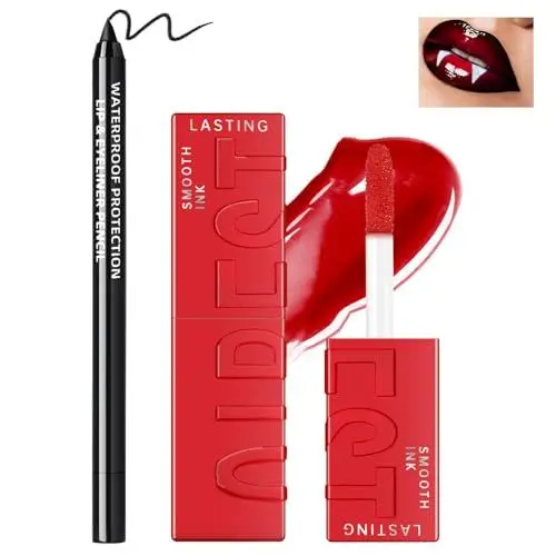 Produktbild: NewBang Halloween Lipgloss und Lipliner-Set, Feuchtigkeitsspendendes Rouge mit hoher Glanzpigmentierung in Rot und schwarzer Lipliner-Stift-Kombination für Frauen und Mädchen-Make-up