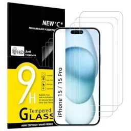 Produktbild: NEW'C 3 Stück, Panzer Schutz Glas für iPhone 16, iPhone 15, iPhone 15 Pro (6,1 Zoll), Frei von Kratzern, 9H Härte, HD Displayschutzfolie, 0.33mm Ultra-klar, Ultrabeständi