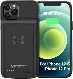 Produktbild: NEWDERY 4800mAh Akku Hülle für iPhone 12&12 Pro Tragbare Ladebatterie Zusatzakku Externe Handyhülle Batterie Wiederaufladbare Schutzhülle Powerbank Akku Case für iPhone 12&12 Pro (Schwarz)