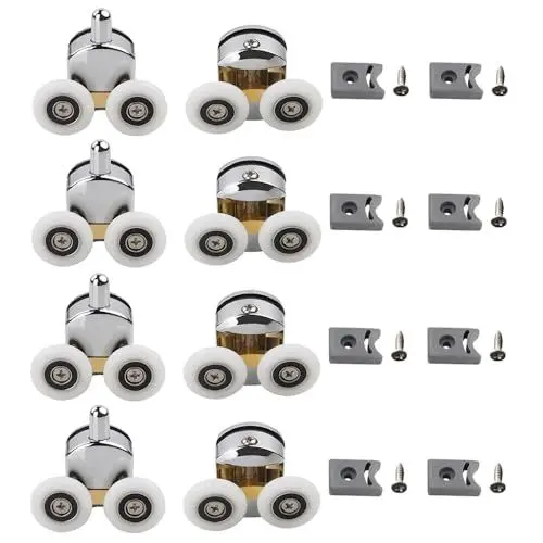 Produktbild: NEWFUN 8 Sets Duschkabine Rollen,Duschtürrollen,Ersatzrollen Für Duschtüren,25mm Raddurchmesser 4 Obere Und 4 Untere Rollen,mit M6 Schraubeund Stoßstangenblöcke aus Kunststoff für Duschkabinentür