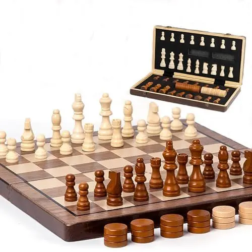 Produktbild: NEWFUN Magnetisches Schachspiel - 2 in 1 Schach- und Damespiel, Hochwertiges Faltbares Holz-Schachbrett, Kinderspielzeug und Geschenke