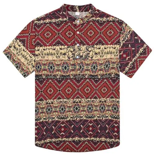 Produktbild: NEWISTAR Leinenhemd Herren Sommerhemd Kurzarm Henley Hemd Kuba für Männer Stehkragen Casual Slim Fit Freizeithemd Baumwolle Muster Hemden Retro Hawaiihemd Lila,L
