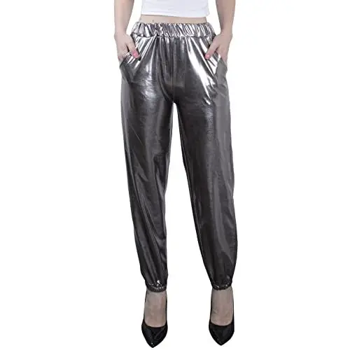 Produktbild: NewL Damen Metallic Glänzend Jogger Casual Holographische Farbe Streetwear Hose Hip Hop Mode Glatte Elastische Hose, grau, S