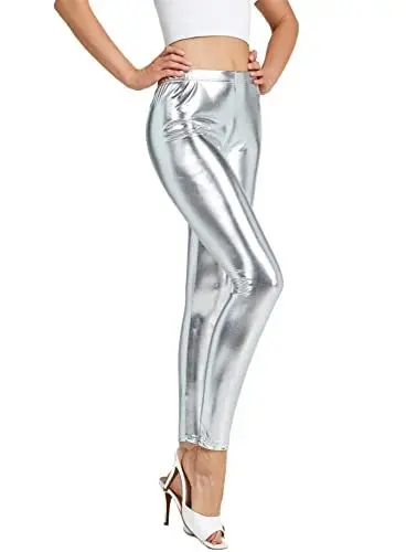 Produktbild: NewL Damenleggings, glänzend, metallisch, Sportleggings, helle Bleistifthose, Fitness, Mode, Jeggings, Bonbonfarben, Silber, L