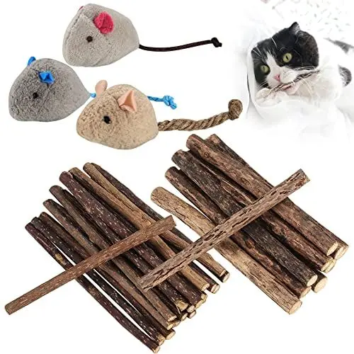 Produktbild: Newoutset 33 STK Katzenminze Sticks, Katzenminzen Spielzeug, Katzenspielzeug, Katzen Kaustäbchen (einschließlich 3 x Katzenmausspielzeug), Matatabi Katzen Kauspielzeug Zahnpflege Sticks