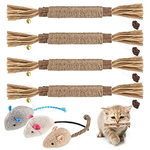 Produktbild: Newoutset 4 Stück Natural Silvervine Katzenminze Sticks, Matatabi Katzenminze Spielzeug, mit 3 Stück Katze Maus Spielzeug, für Indoor Katzen, Zahnreinigung, Zahnen, Katzenspielzeug Sticks