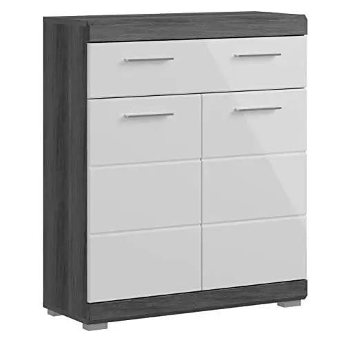 Produktbild: Newroom Kommode Rauchsilber Weiß Hochglanz Badschrank Modern - 74x88x31 cm (BxHxT) - Standschrank Badezimmermöbel - (Lanzo.Two) Bad Badezimmer