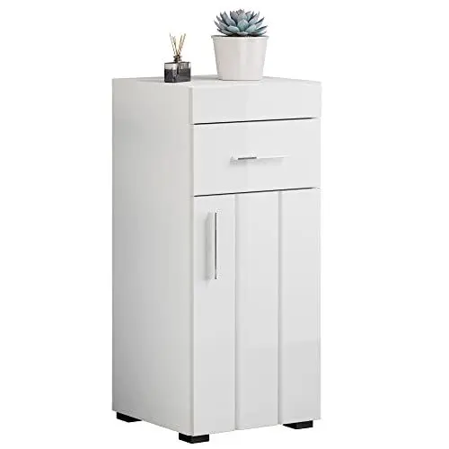Produktbild: Newroom Kommode Weiß Hochglanz Weiß Badschrank Modern - 36x80x32 cm (BxHxT) - Standschrank Badezimmermöbel - (Cleo.one) Bad Badezimmer