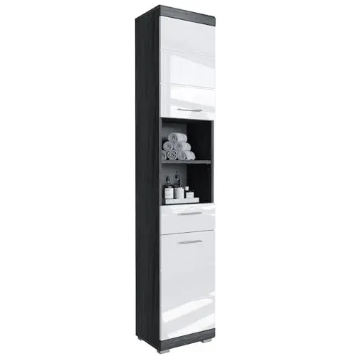 Produktbild: Newroom Schrank Avola Anthrazit Weiß Hochglanz Badschrank Modern - 37x191x31 cm (BxHxT) - Hochschrank Badezimmermöbel - (Void.Five) Bad Badezimmer