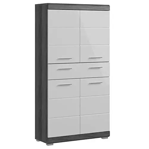 Produktbild: Newroom Schrank Rauchsilber Weiß Hochglanz Badschrank Modern - 74x141x31 cm (BxHxT) - Hochschrank Badezimmermöbel - (Lanzo.Seven) Bad Badezimmer