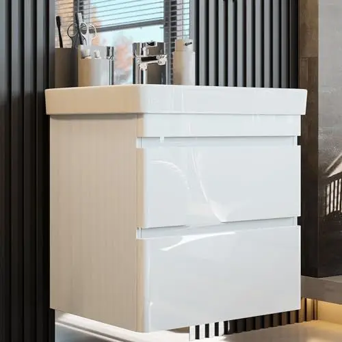 Produktbild: Newroom Waschbeckenunterschrank mit Waschbecken – Weiß Hochglanz, hängend, 60x62x46 cm (BxHxT) – Lackiert, viel Stauraum – Badezimmermöbel, Waschtisch, Unterschrank